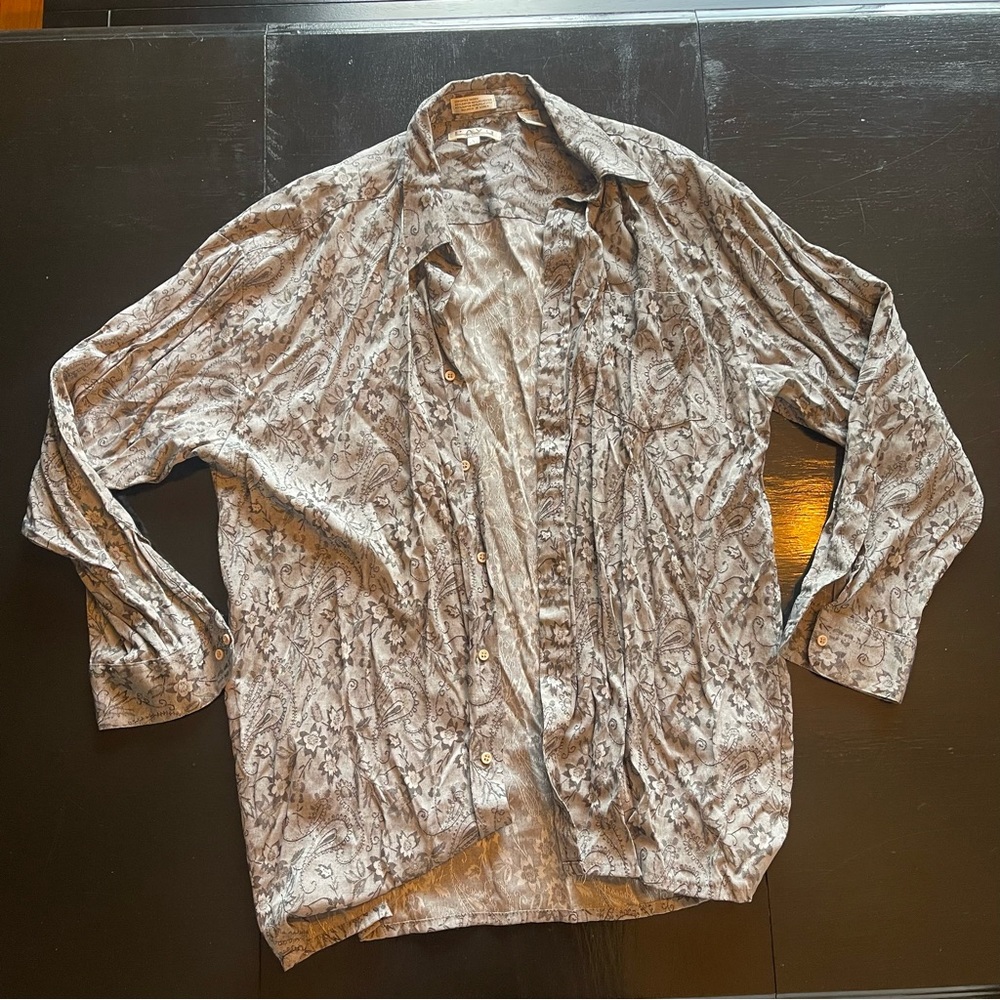 Vintage Pavo by Lastrada Large Floral Paisley Gray Scale Dark Button Down